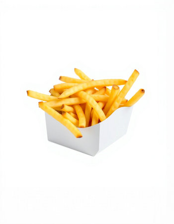 French fries in a white box on a white background. Isolated