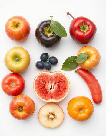 Fruits and vegetables on a white background. Healthy food concept.の写真素材