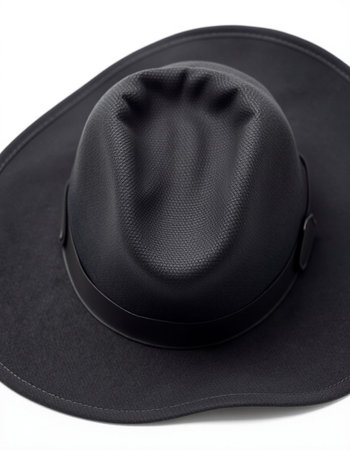 Black hat on a white background. Top view. Close-up.