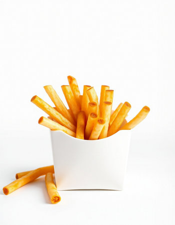 French fries in a white box on a white background with copy space
