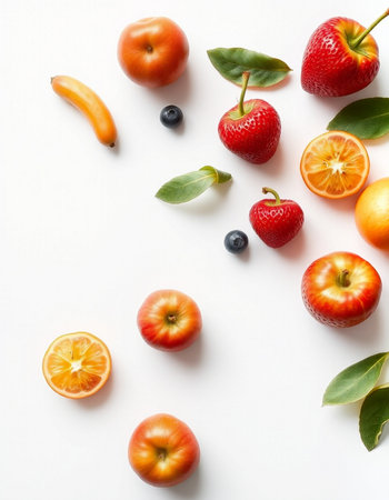 Fruits and berries on white background. Flat lay, top viewの写真素材
