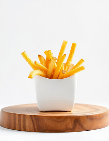 French fries in a white bowl on a round wooden stand on a white background