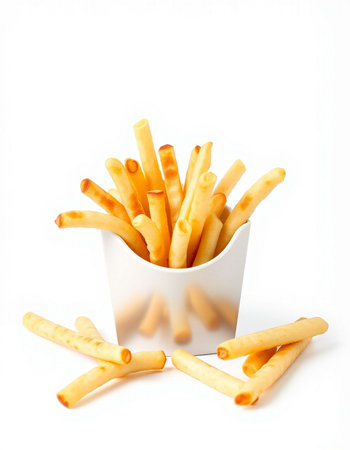 french fries in a paper cup on a white background.