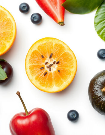 Fresh fruits and vegetables isolated on white background. Flat lay, top view