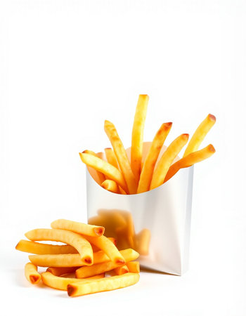 French fries in a white box on a white background. Fast food.