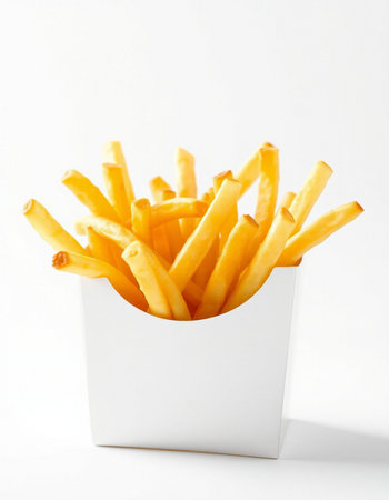 French fries in a white box on a white background, fast food