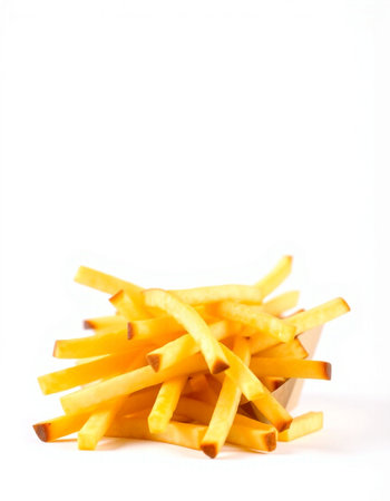 Golden French fries potatoes over white background, shallow depth of field.