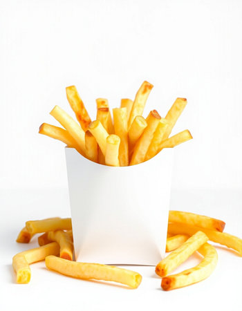 French fries in a white box on a white background, close-up