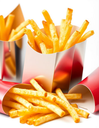 French fries in paper box on white background. Selective focus.