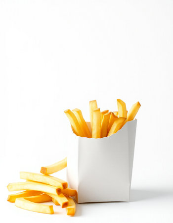 French fries in a white box on a white background. Isolated