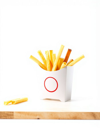 French fries in a paper box on a white background. Fast food.