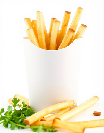 French fries in a paper cup on a white background with parsleyの写真素材