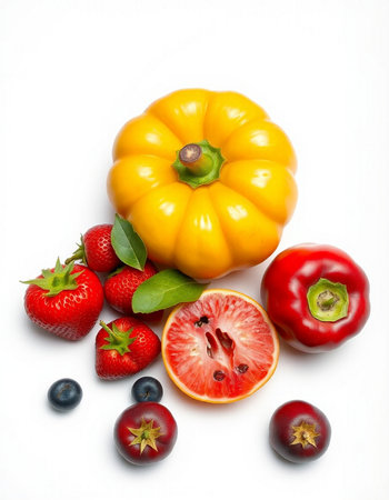 Fresh fruits and vegetables isolated on white background. Healthy food concept.