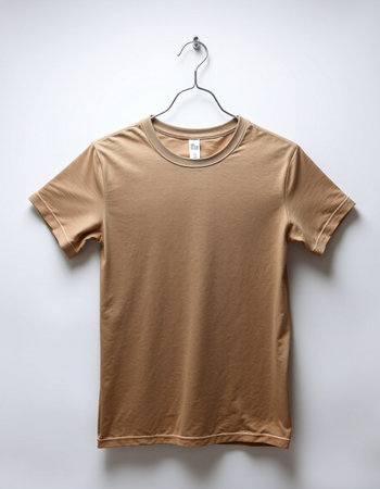 Brown t-shirt on a hanger on a white background.の写真素材