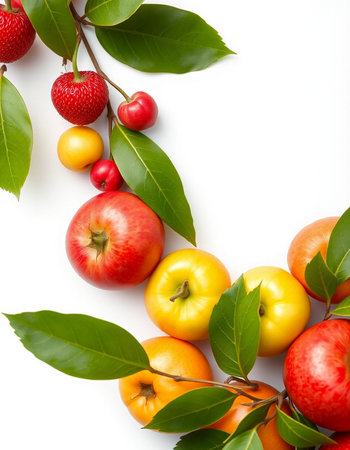 Colorful fruits and leaves isolated on white background. Top view.