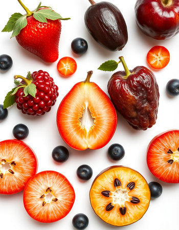 Fruits and berries isolated on white background. Flat lay, top viewの写真素材