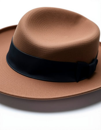 Brown hat with black ribbon isolated on white background, close up.の写真素材