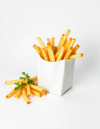 French fries in a white box on a white background with parsleyの写真素材