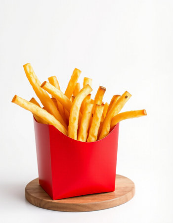 French fries in a red box on a white background, fast food