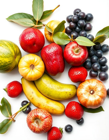 Fresh fruits isolated on white background. Healthy food concept. Top view.の写真素材
