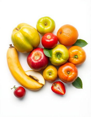 Fruits and vegetables isolated on a white background. Top view.の写真素材