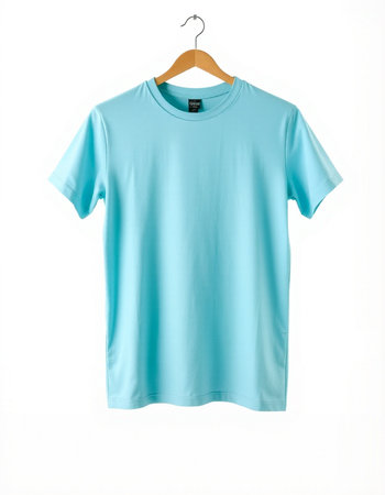 Blue t-shirt on a hanger isolated on white background.の写真素材