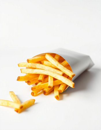 French fries in a paper cup on a white background. Selective focus.の写真素材