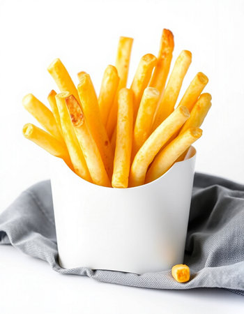 French fries in a white bowl on a gray napkin on a white backgroundの写真素材