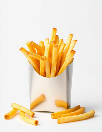 French fries in a white box on a white background close-up