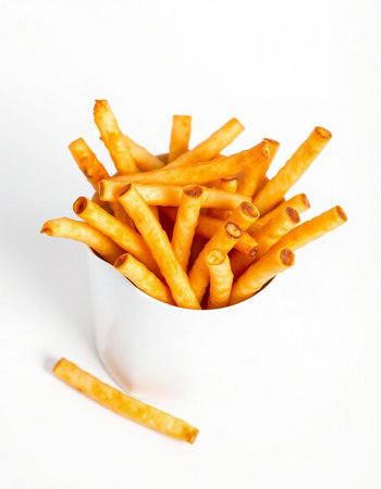 French fries in a white box on a white background. Isolated