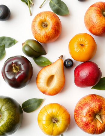 Autumn fruits on a white background. Flat lay, top view