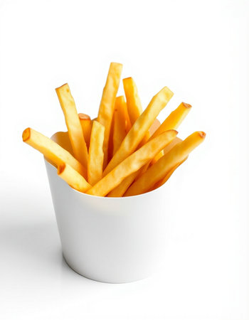 French fries in a white cup on a white background. Isolated