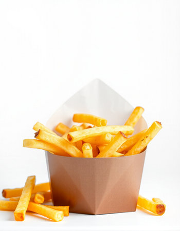 French fries in paper box on white background. Selective focus.の写真素材