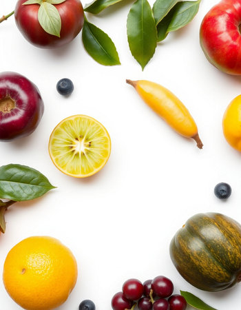 Fruits and vegetables isolated on white background. Flat lay, top view