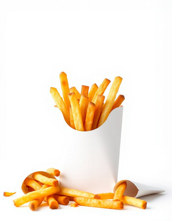 French fries in a paper box on a white background. Fast food.