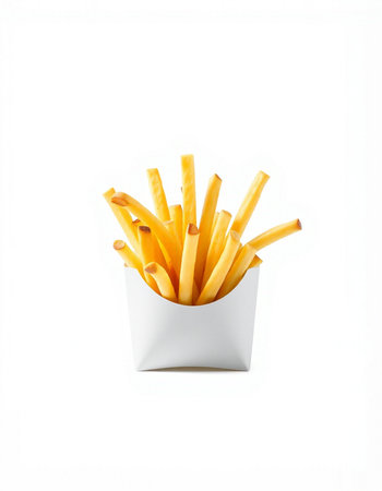 French fries in a white box isolated on white background. Fast food.