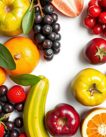 Composition with different fruits and berries on white background, top viewの写真素材