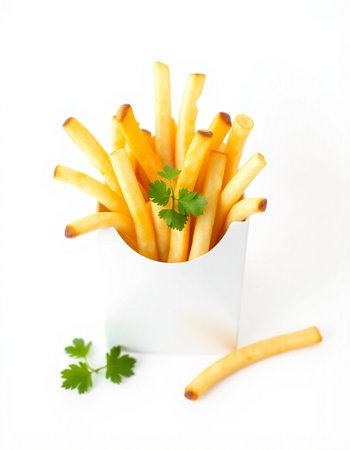 French fries with parsley on a white background. Selective focus.の写真素材