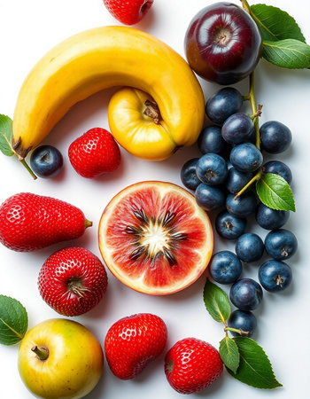 Fresh fruits and berries on white background. Top view. Flat lay.の写真素材