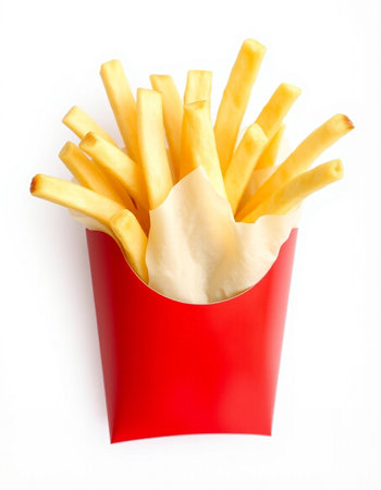 French fries in a red box isolated on white background. Fast food.
