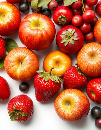 Healthy food background. Fresh fruits and berries on white background.の写真素材