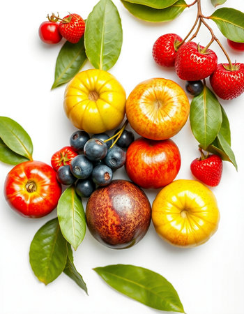 Various fruits and berries on white background, top view. Flat lay.