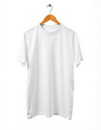 White t-shirt on a hanger on a white background.