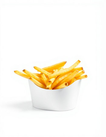 French fries in a white bowl isolated on white background with clipping pathの写真素材