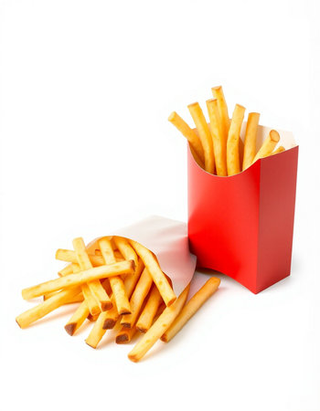 French fries in red paper box isolated on white background, clipping path included