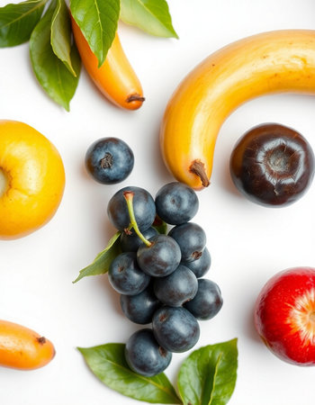 Fruits and berries on white background. Flat lay, top view