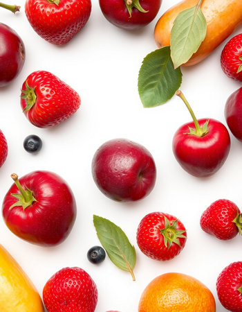 Fruits and vegetables isolated on white background. Top view. Flat lay patternの写真素材