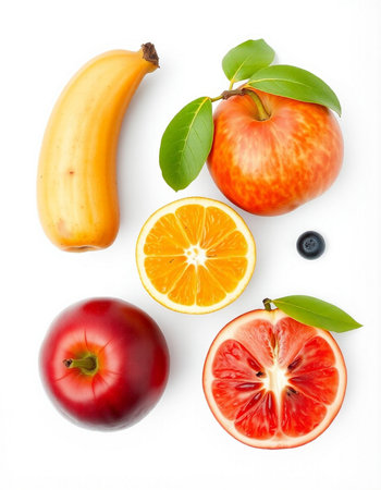 Fresh fruits isolated on white background. Top view. Flat lay patternの写真素材
