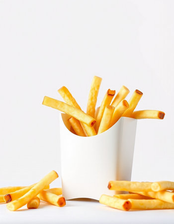 French fries in a paper cup on a white background. Selective focus.