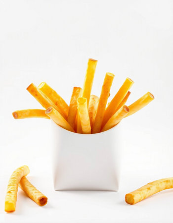 French fries in a white bowl on a white background. Selective focus.